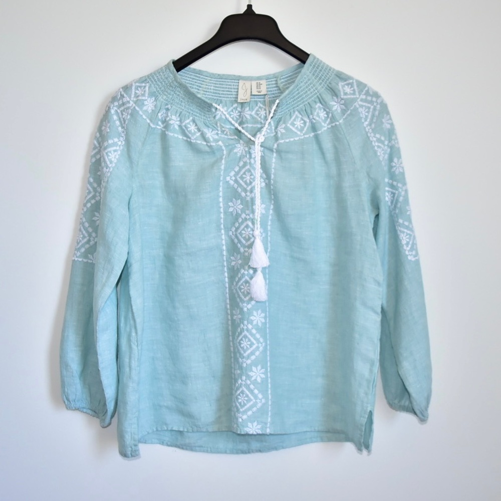 Sale! $228 Joie 100% Linen Top Pale Green with Embroidered Balloon Sleeve Size M